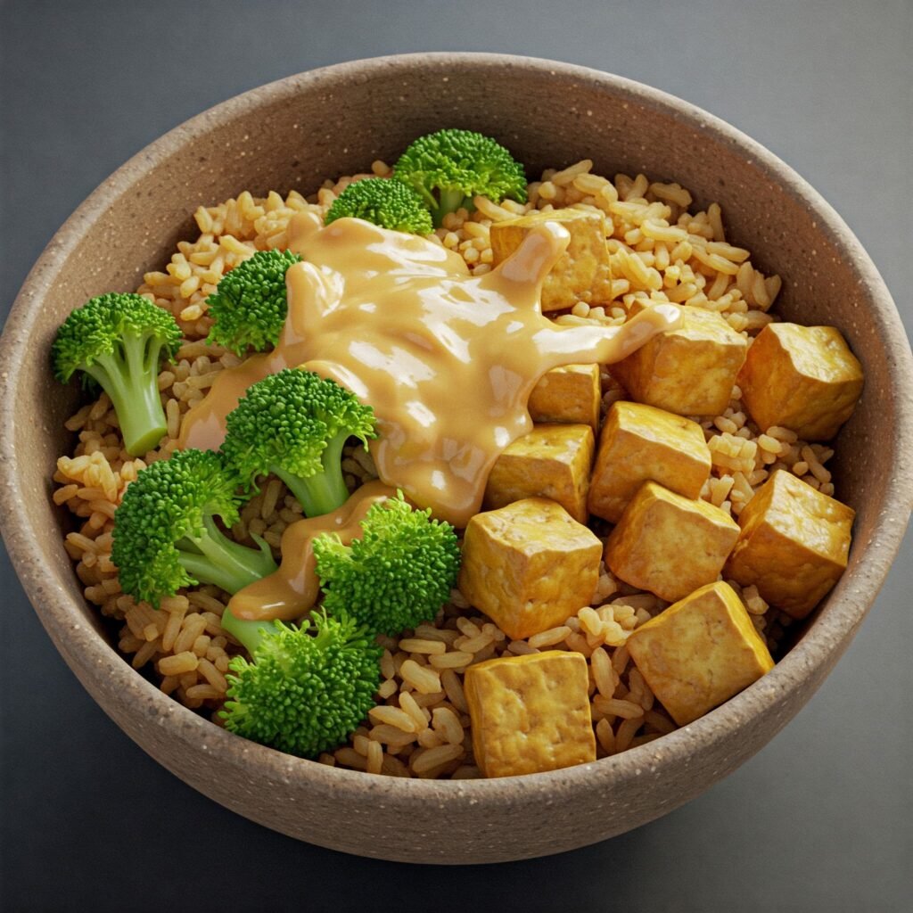 Bowl de Arroz Integral con Tofu Salteado con Brócoli al Vapor y Salsa de Cacahuete Ligera
