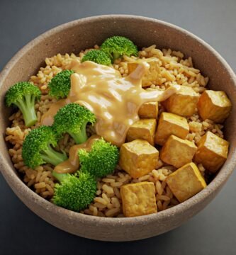 Bowl de Arroz Integral con Tofu Salteado con Brócoli al Vapor y Salsa de Cacahuete Ligera