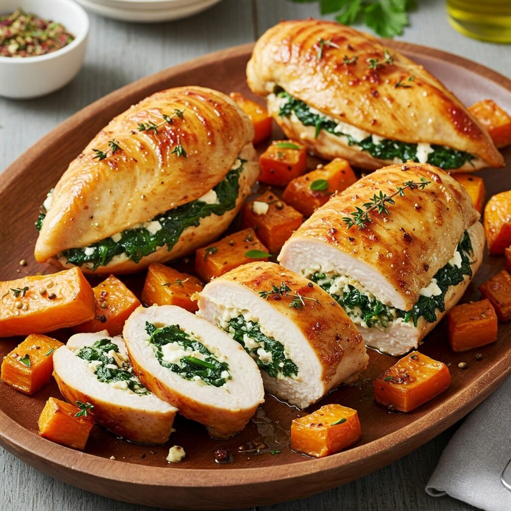Pechugas de Pollo Rellenas de Espinacas y Queso Feta Acompañadas de Batata