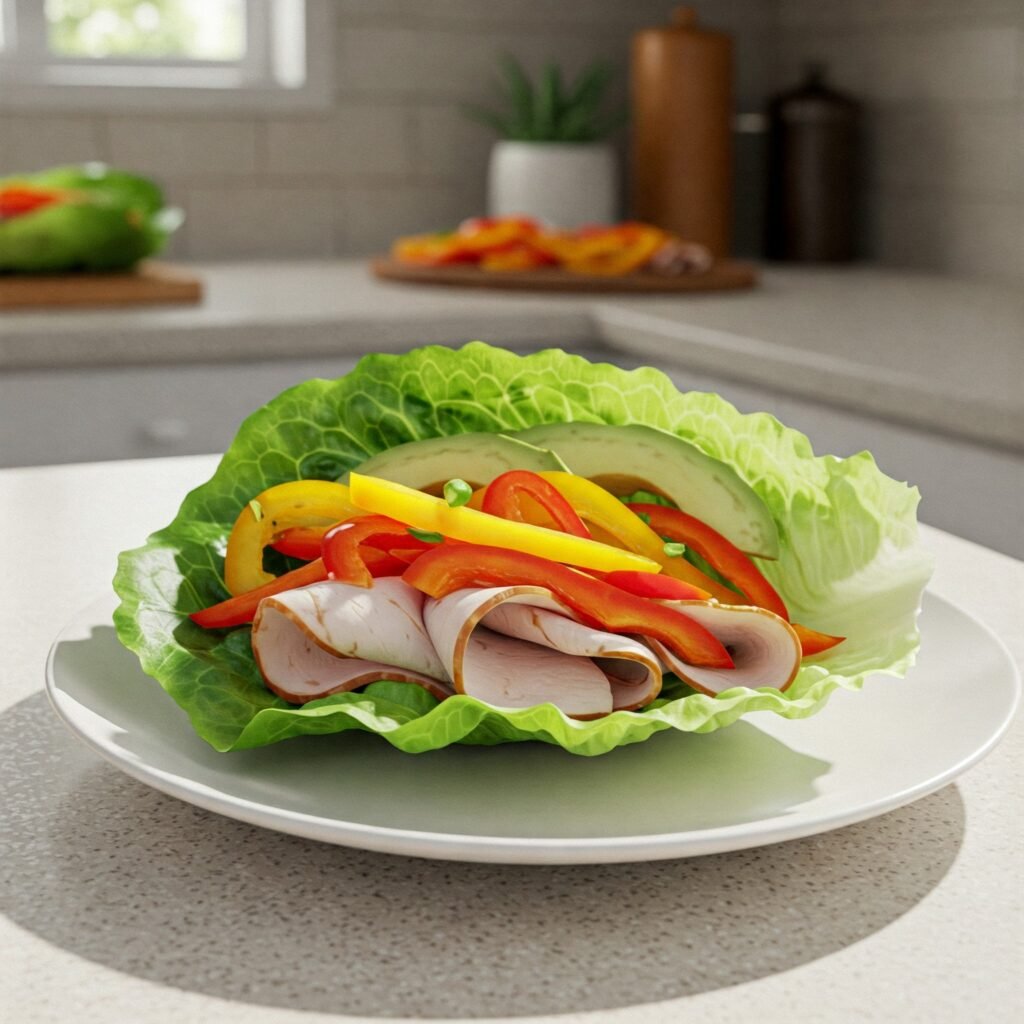 Wrap de Lechuga con Carne Magra Salteada con Pimientos de Colores y Aguacate