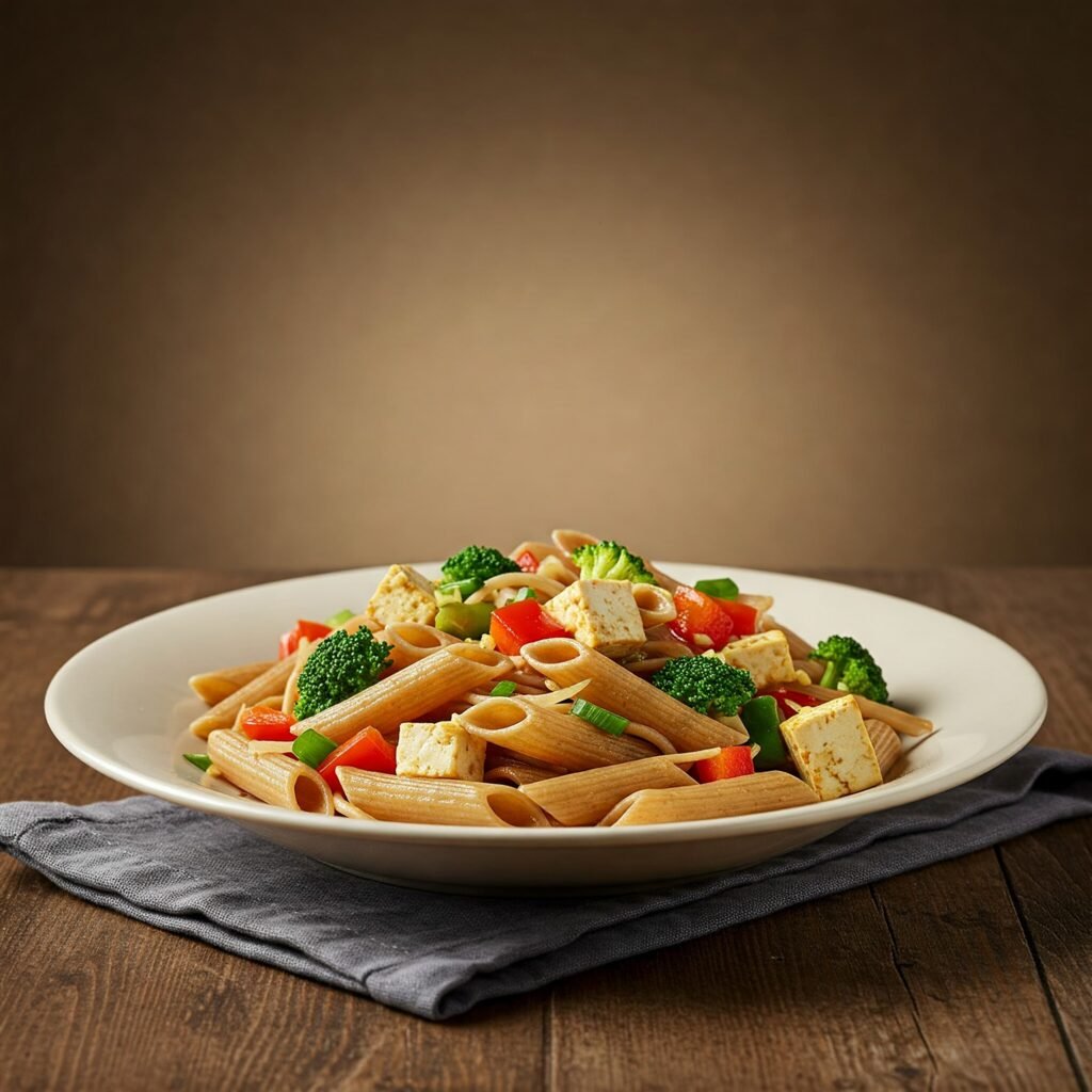 Pasta integral con verduras y tofu