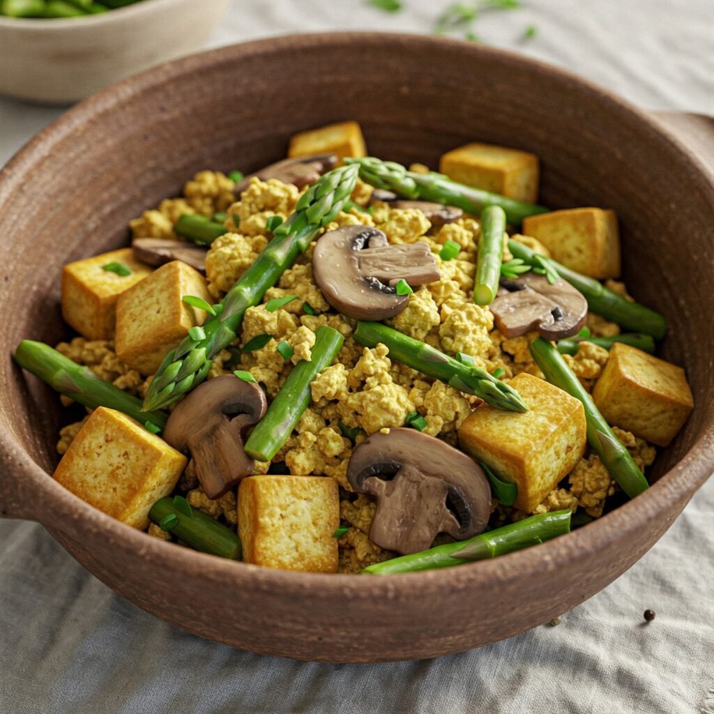 Revuelto de tofu con setas y esparragos