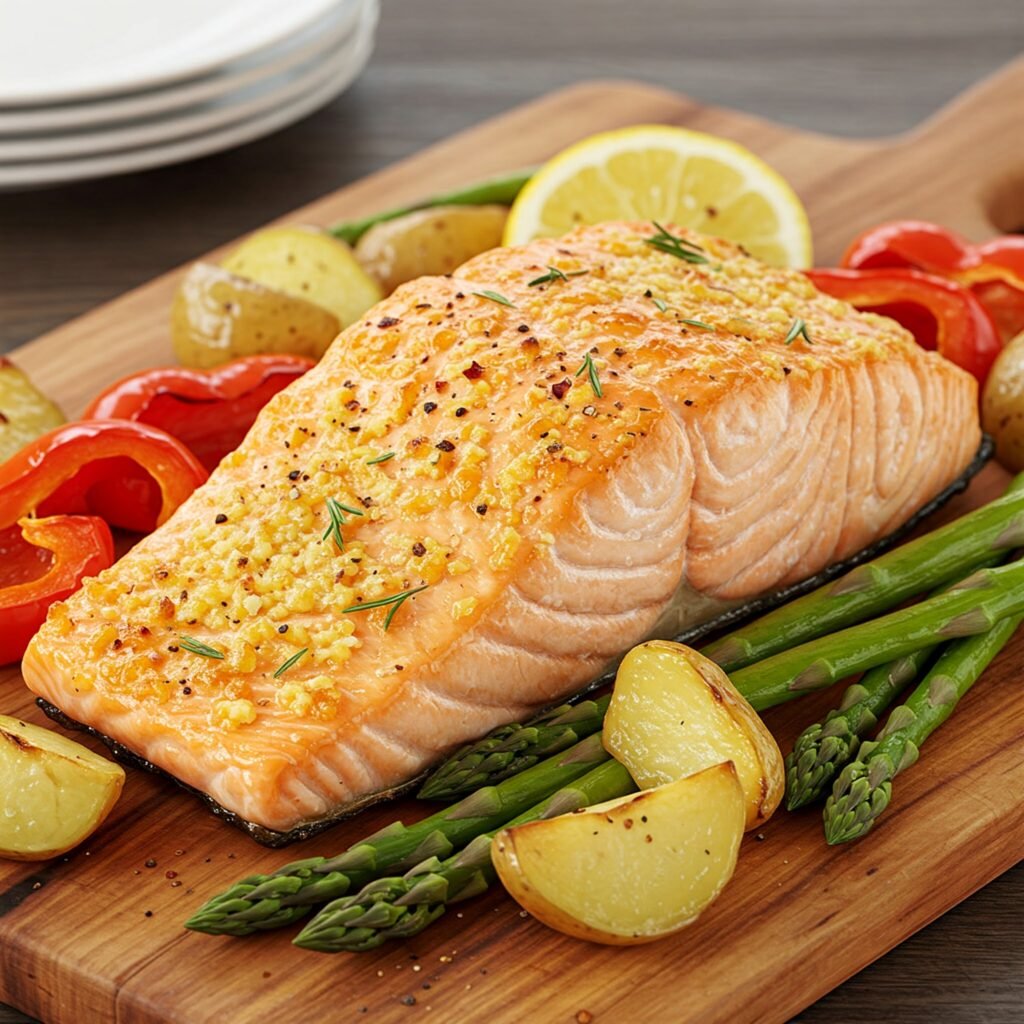 Salmón al horno con verduras asadas